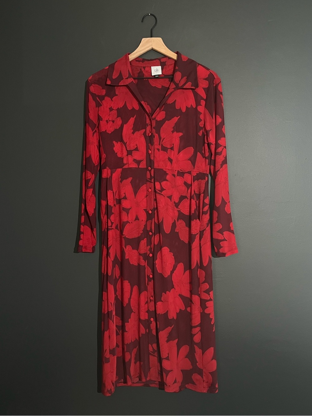 Cani Red Floral Button Front Shirt Midi Dress Covered Buttons Pockets - Size Sm